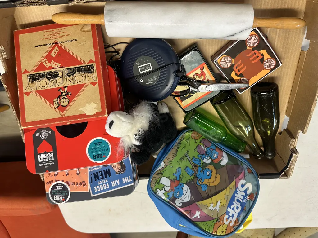 Selection Of Vintage Items Including Bottles, Tins, Monopoly Etc Image 1++