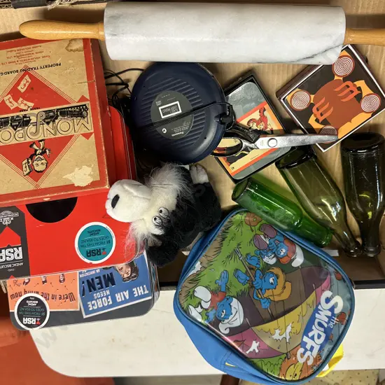 Selection Of Vintage Items Including Bottles, Tins, Monopoly Etc