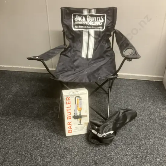 Jack Daniel's Racing Old No7 Brand Outdoor Foldable Camping Chair With Carry Bag & Bar Butler Spirit Dispenser