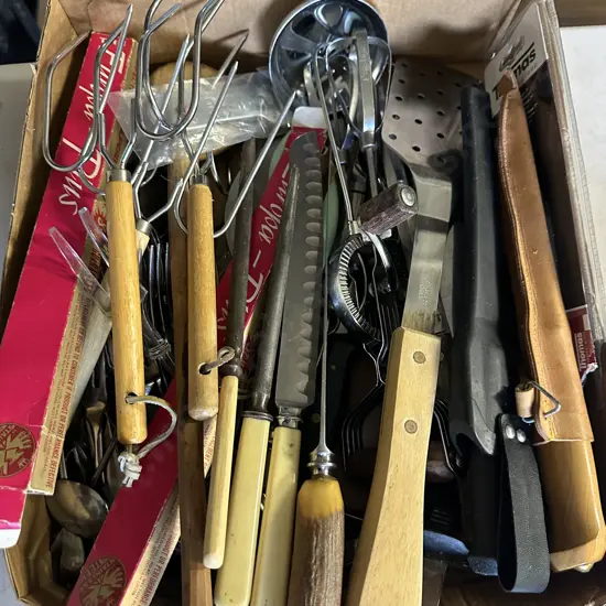Vintage Utensils Including Cutlery, Bone handled Steels, Knife Etc