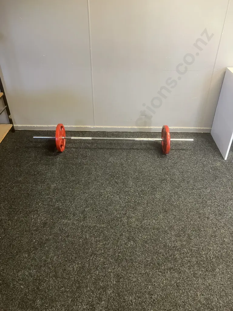 Barbell & 2 Red Painted 10Kg Weights Image 1++