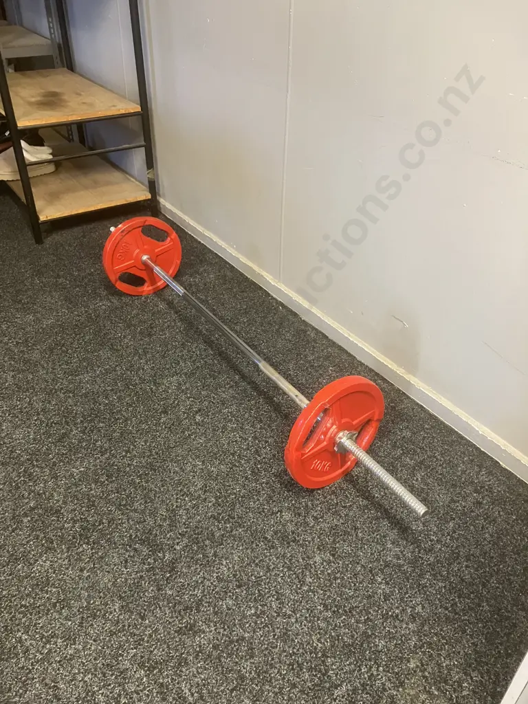 Barbell & 2 Red Painted 10Kg Weights Image 1++