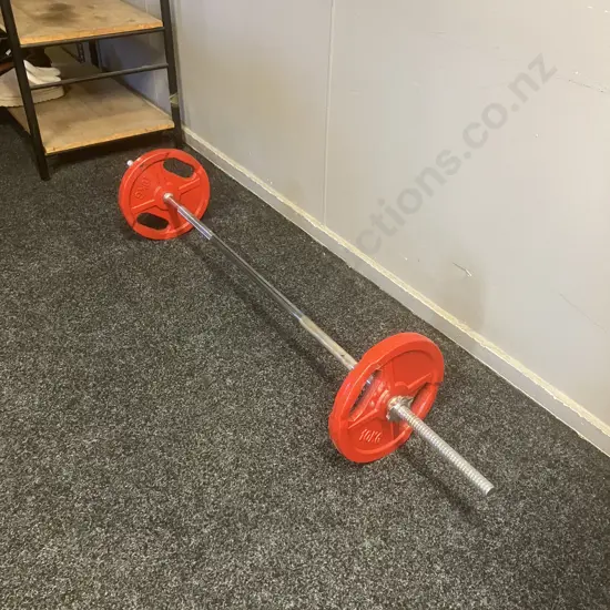 Barbell & 2 Red Painted 10Kg Weights