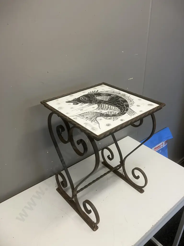 Vintage Wrought Side Table With Fish Theme German Tiled Top. 46 x 33cm Image 1++