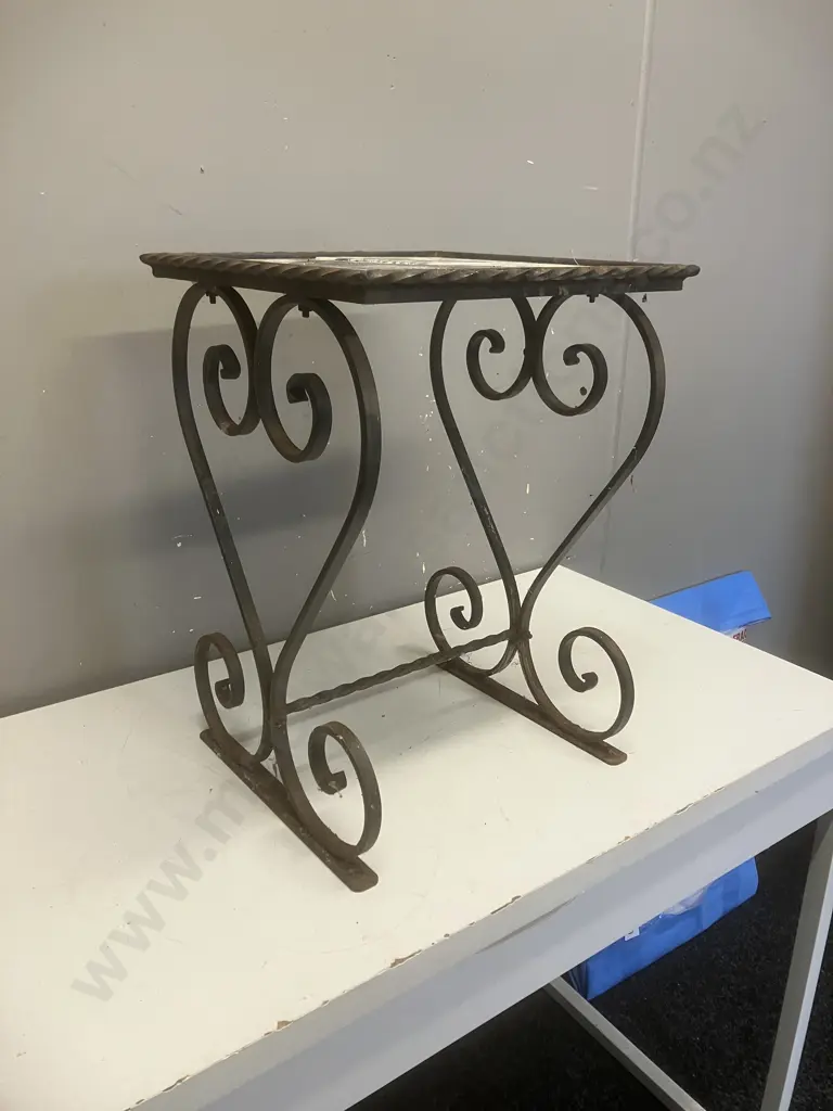 Vintage Wrought Side Table With Fish Theme German Tiled Top. 46 x 33cm Image 1++