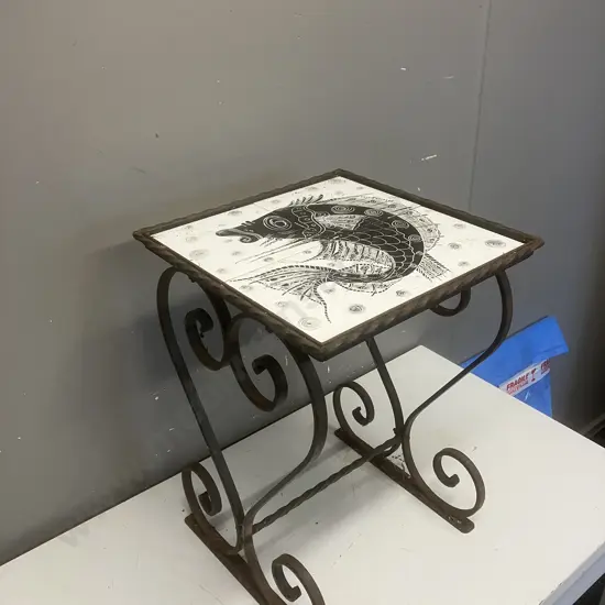 Vintage Wrought Side Table With Fish Theme German Tiled Top. 46 x 33cm