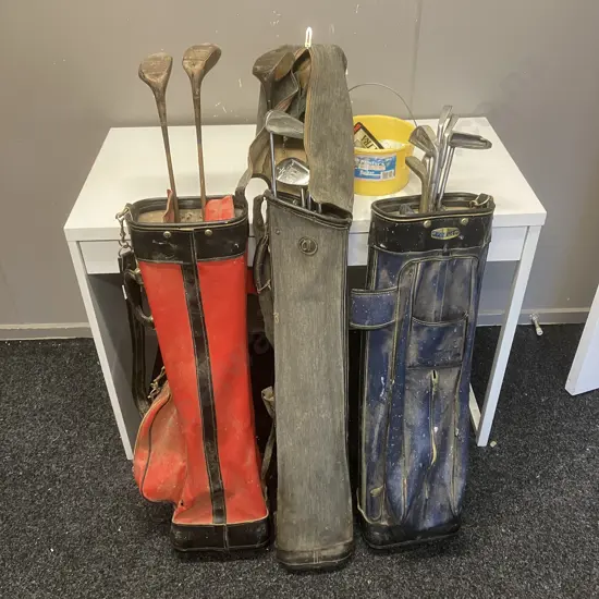 Lot of 3 Vintage Golf Bags, Assorted Clubs & Balls