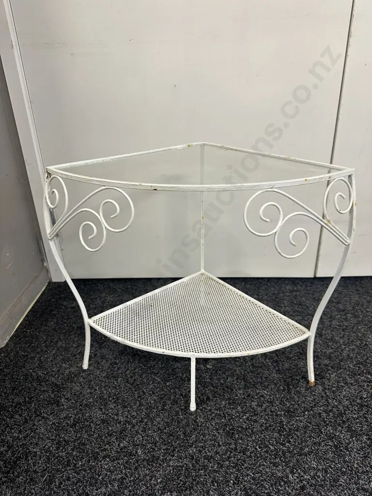 Retro White Metal Corner Plant Stand With Mesh Shelf Image 1++
