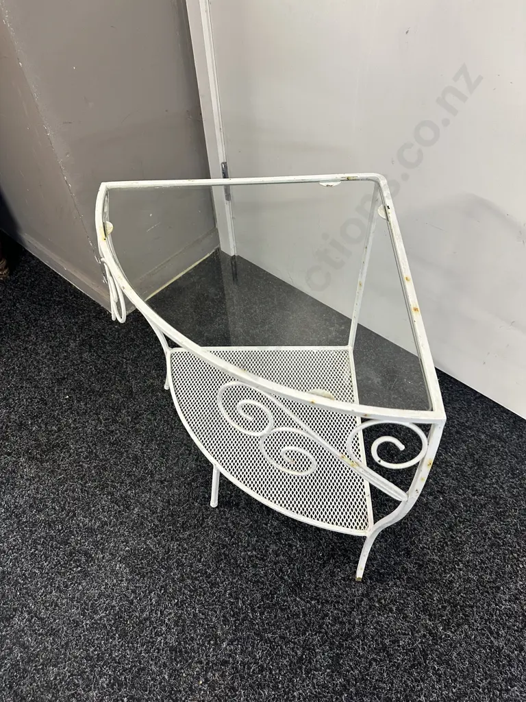 Retro White Metal Corner Plant Stand With Mesh Shelf Image 1++