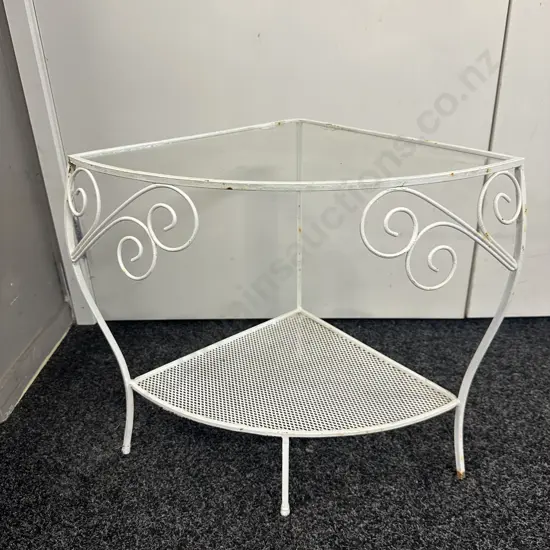Retro White Metal Corner Plant Stand With Mesh Shelf