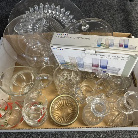 Box Lot Of Glassware Including Platters, Vases Etc
