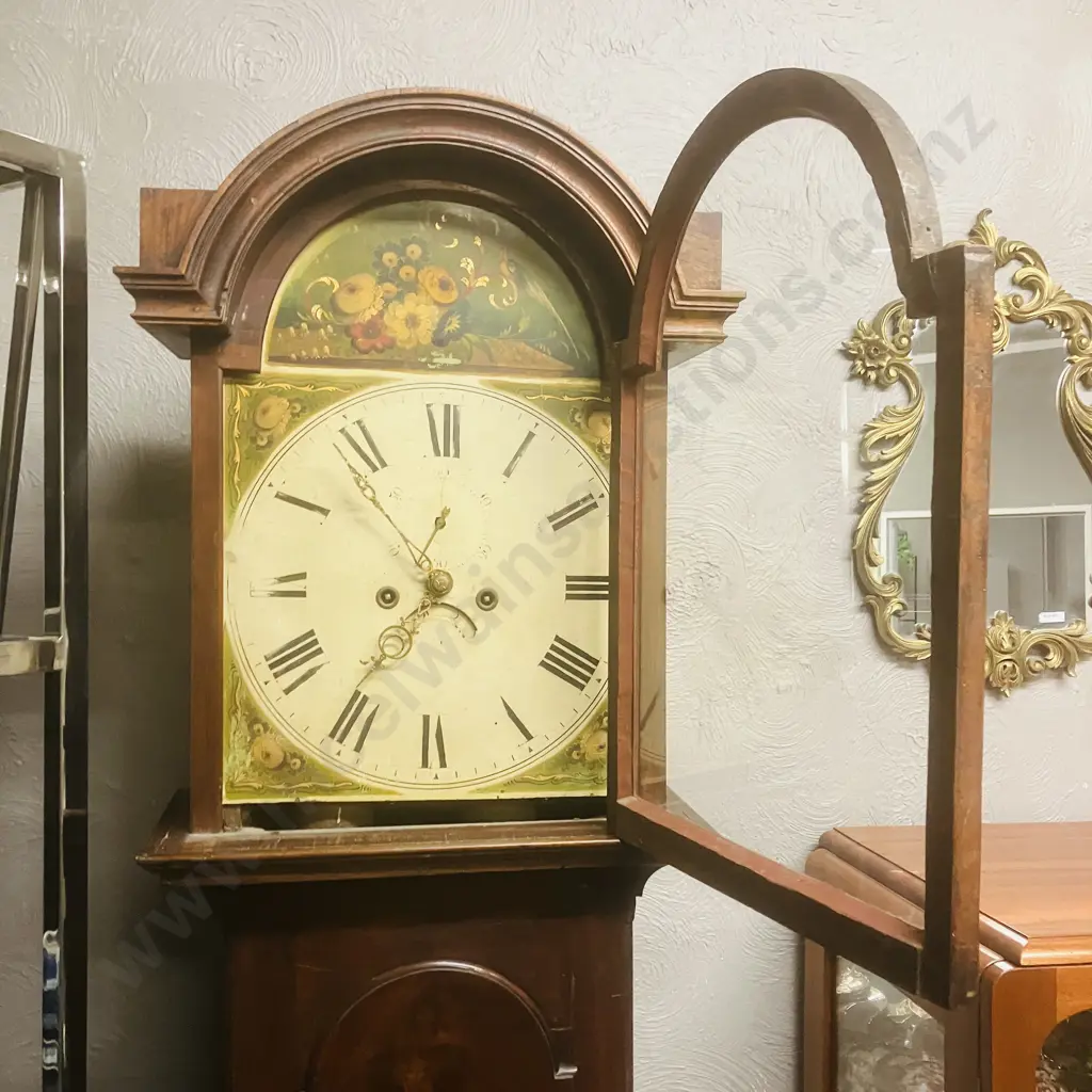 George III Oak Longcase Clock, With Painted Dial Depicting Peacock & Flowers. Eight Day Movement, Date Dial & Seconds Image 1++