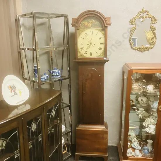 George III Oak Longcase Clock, With Painted Dial Depicting Peacock & Flowers. Eight Day Movement, Date Dial & Seconds