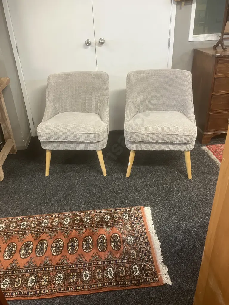 Pair of Lounge Chairs Upholstered In Silver / Grey Textured Fabric Image 1++