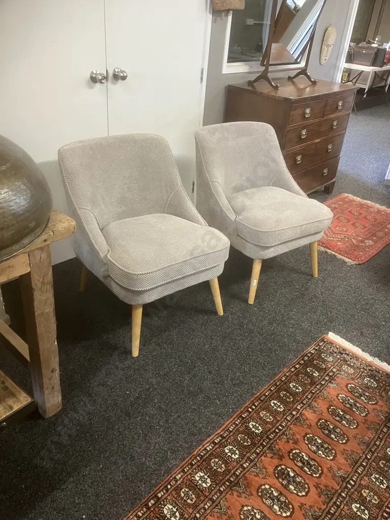 Pair of Lounge Chairs Upholstered In Silver / Grey Textured Fabric Image 1++