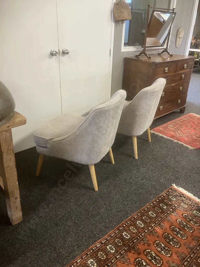 Pair of Lounge Chairs Upholstered In Silver / Grey Textured Fabric Image 1++