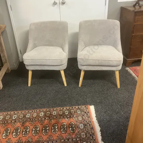 Pair of Lounge Chairs Upholstered In Silver / Grey Textured Fabric