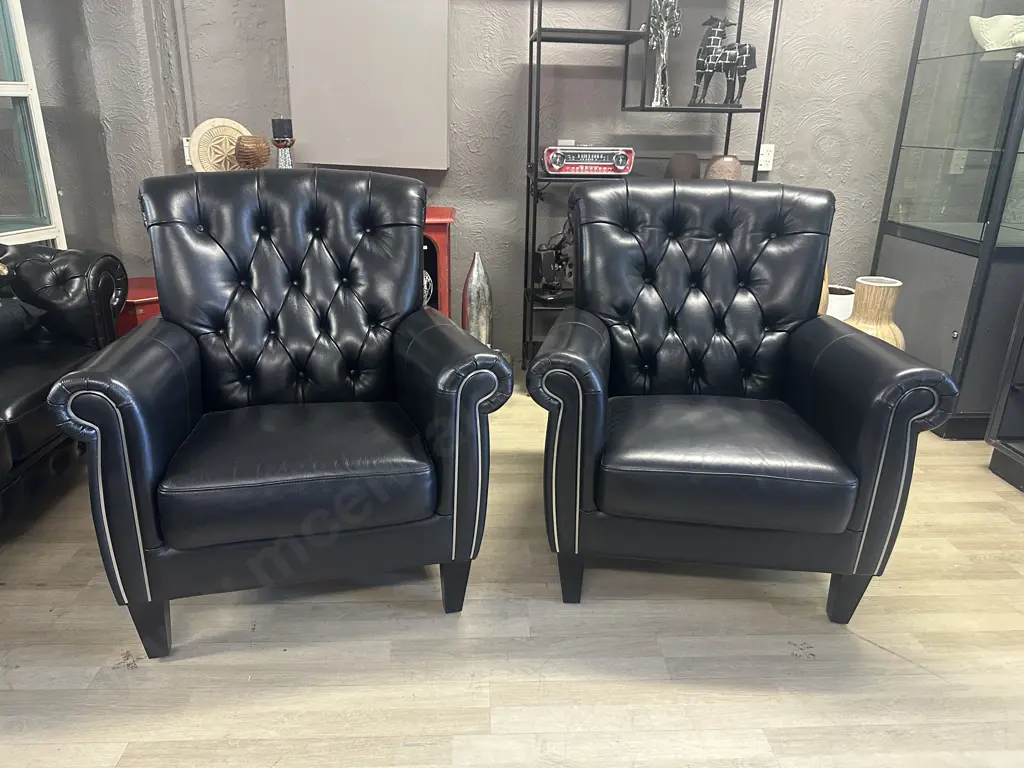 Pair Of Black Leather Button Back  Armchairs, Polished Metal Detailing, daydreamerzzz Ex Harvey Norman Image 1++