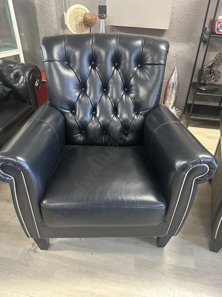 Pair Of Black Leather Button Back  Armchairs, Polished Metal Detailing, daydreamerzzz Ex Harvey Norman Image 1++