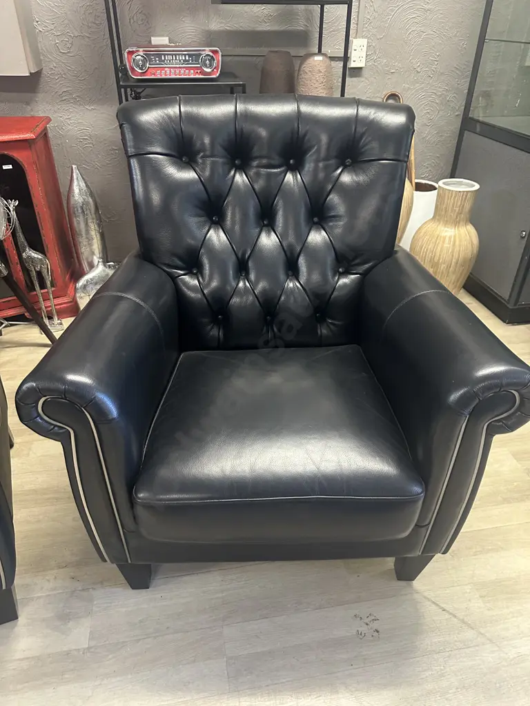 Pair Of Black Leather Button Back  Armchairs, Polished Metal Detailing, daydreamerzzz Ex Harvey Norman Image 1++