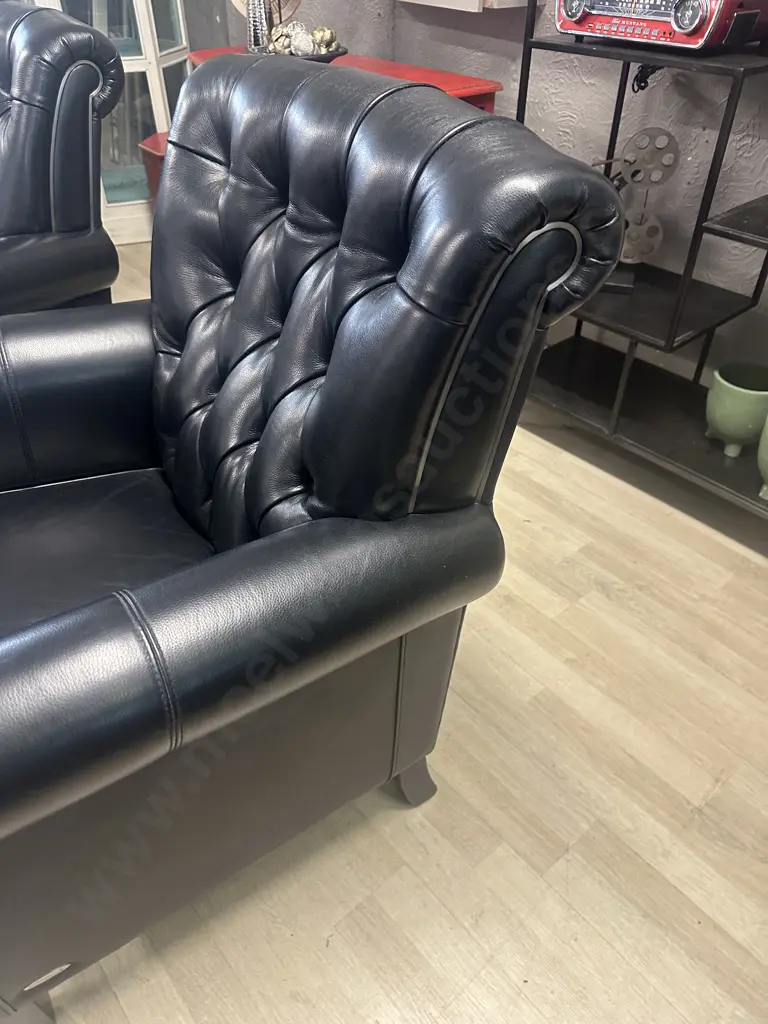 Pair Of Black Leather Button Back  Armchairs, Polished Metal Detailing, daydreamerzzz Ex Harvey Norman Image 1++