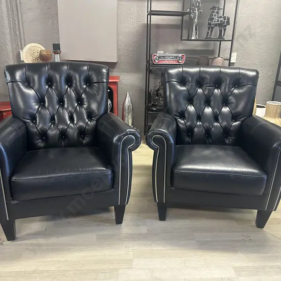 Pair Of Black Leather Button Back  Armchairs, Polished Metal Detailing, daydreamerzzz Ex Harvey Norman
