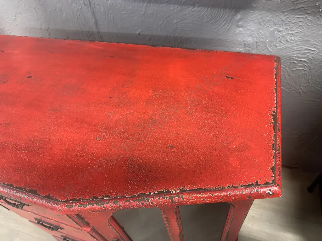Red Rustic Look Side Board Four Drawers, Two Doors With Glass Panels & Metal Handles H80,W106,D51cm. Image 1++
