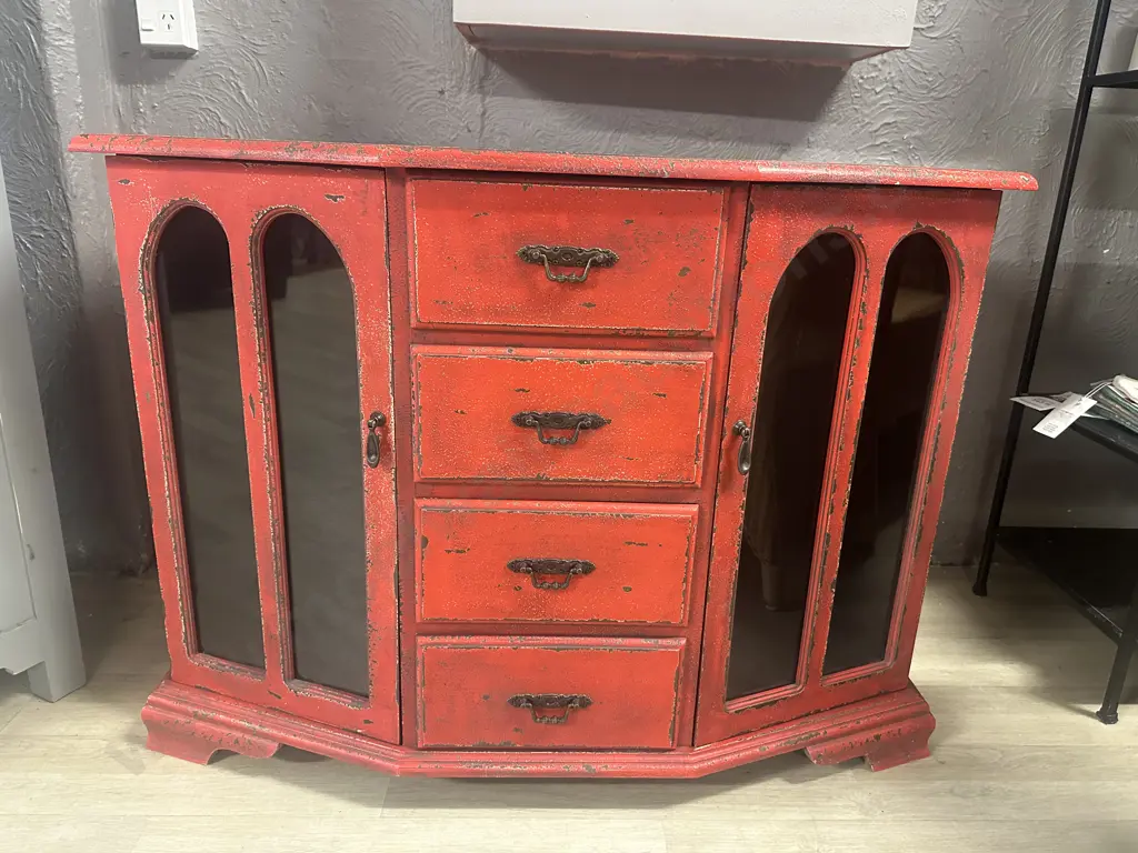 Red Rustic Look Side Board Four Drawers, Two Doors With Glass Panels & Metal Handles H80,W106,D51cm. Image 1++
