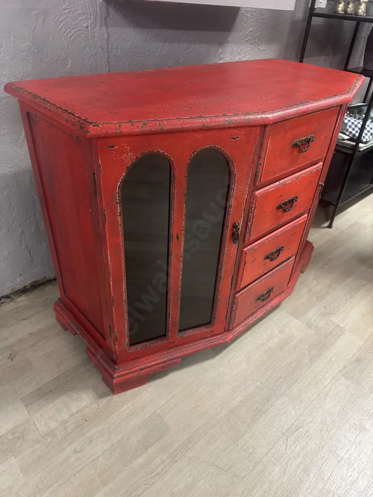 Red Rustic Look Side Board Four Drawers, Two Doors With Glass Panels & Metal Handles H80,W106,D51cm. Image 1++