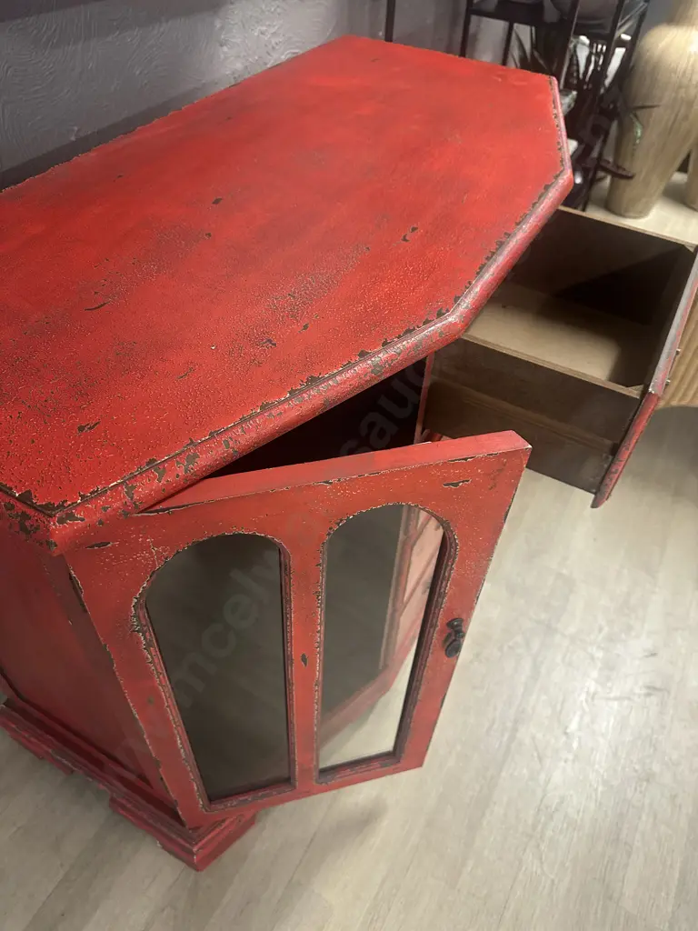 Red Rustic Look Side Board Four Drawers, Two Doors With Glass Panels & Metal Handles H80,W106,D51cm. Image 1++
