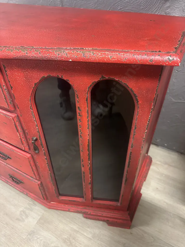 Red Rustic Look Side Board Four Drawers, Two Doors With Glass Panels & Metal Handles H80,W106,D51cm. Image 1++