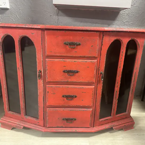 Red Rustic Look Side Board Four Drawers, Two Doors With Glass Panels & Metal Handles H80,W106,D51cm.