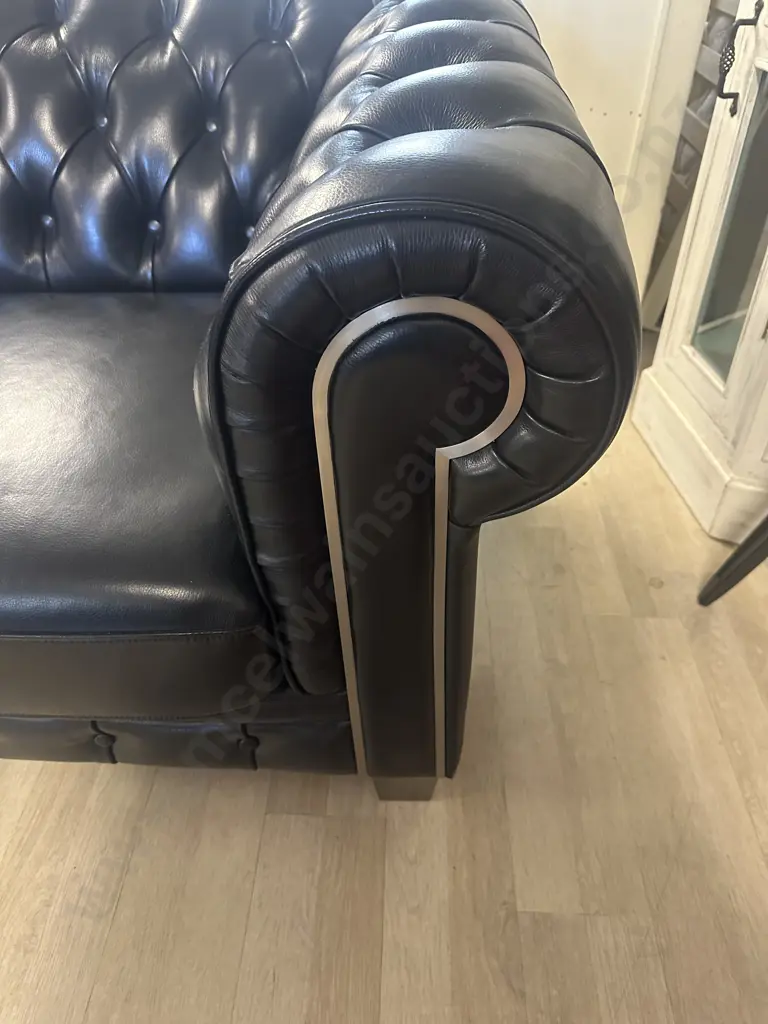 Black Leather Button Back 3 Seater Sofa, Rolled Arm, Curved Back, Metal Detailing. daydreamerzzz Ex Harvey Norman Image 1++