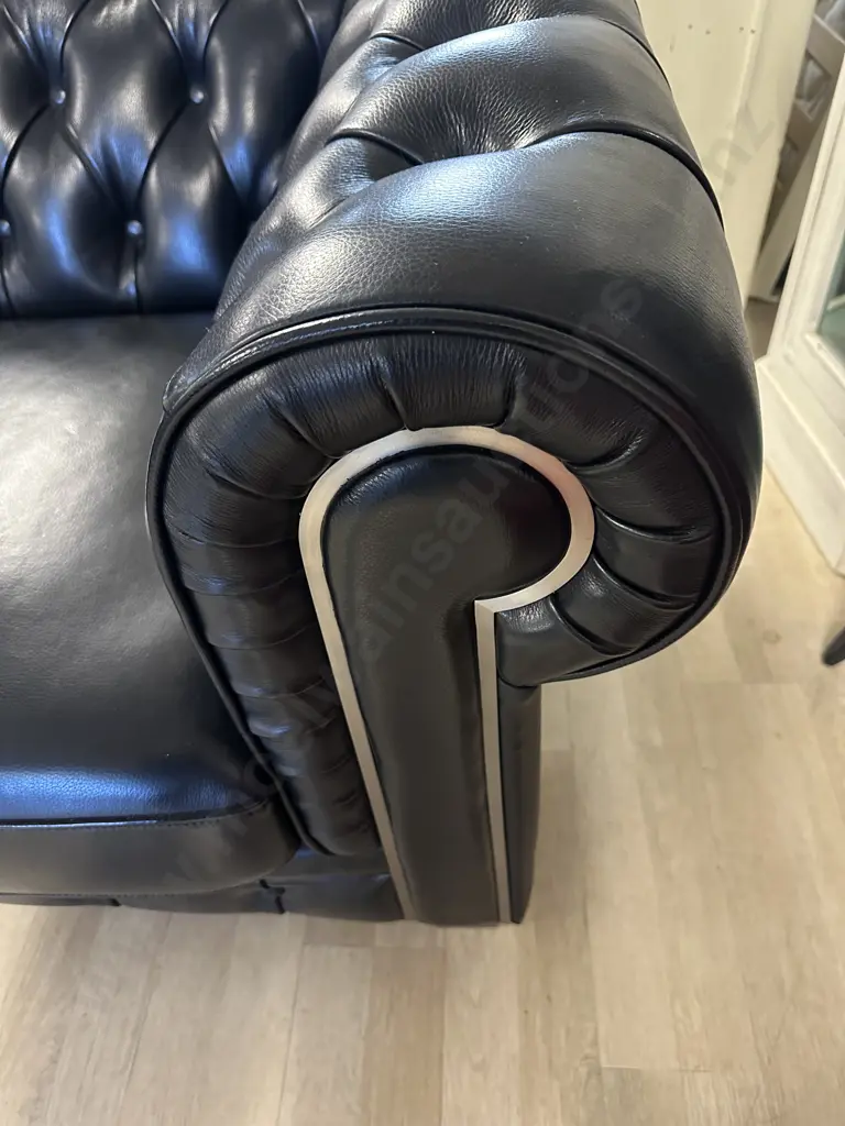 Black Leather Button Back 3 Seater Sofa, Rolled Arm, Curved Back, Metal Detailing. daydreamerzzz Ex Harvey Norman Image 1++