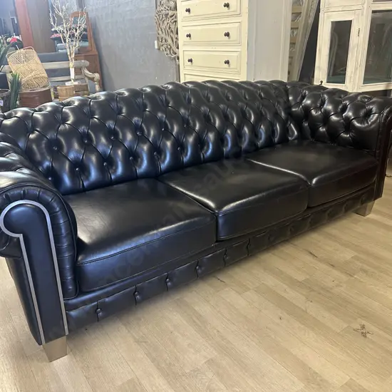 Black Leather Button Back 3 Seater Sofa, Rolled Arm, Curved Back, Metal Detailing. daydreamerzzz Ex Harvey Norman