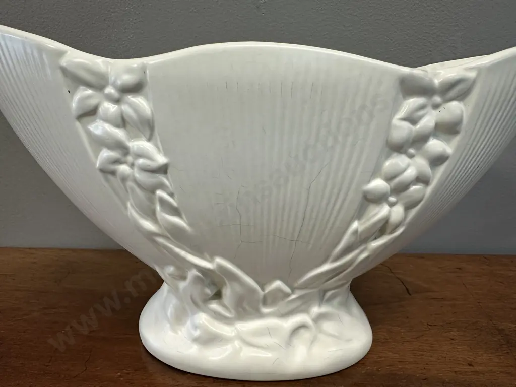 Vintage Crown Lynn Mantle Vase With Pedestal Foot & Relief Leaf Pattern Stamped At Base & Indented Numbers 17x31cm. Image 1++