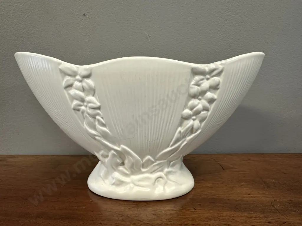 Vintage Crown Lynn Mantle Vase With Pedestal Foot & Relief Leaf Pattern Stamped At Base & Indented Numbers 17x31cm. Image 1++