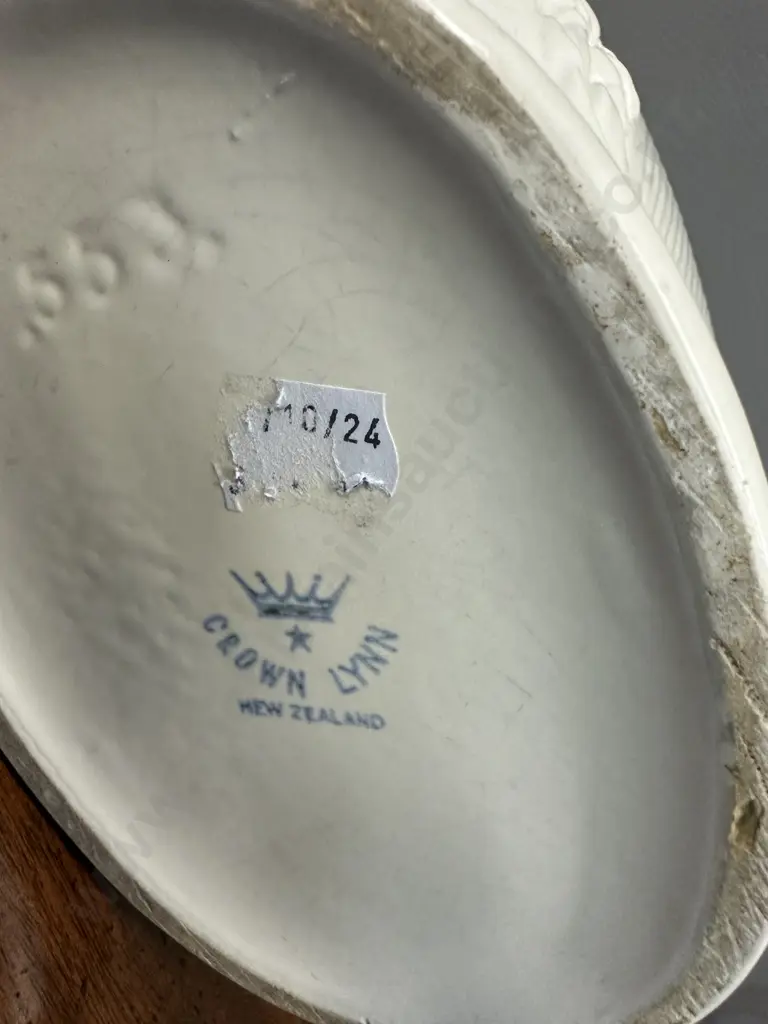 Vintage Crown Lynn Mantle Vase With Pedestal Foot & Relief Leaf Pattern Stamped At Base & Indented Numbers 17x31cm. Image 1++