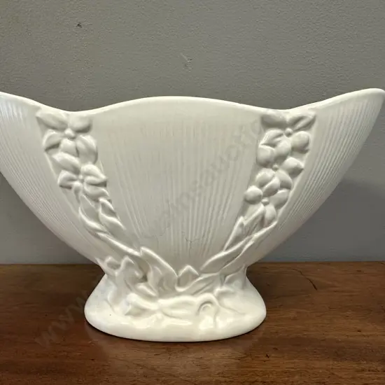 Vintage Crown Lynn Mantle Vase With Pedestal Foot & Relief Leaf Pattern Stamped At Base & Indented Numbers 17x31cm.