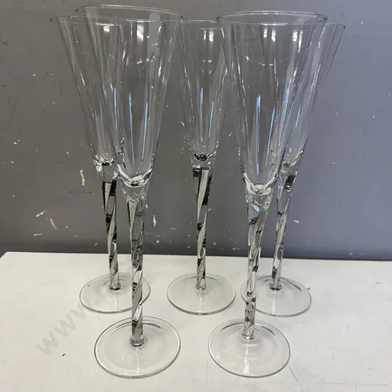 Set Of Five Champagne Glasses With Twisted Stem