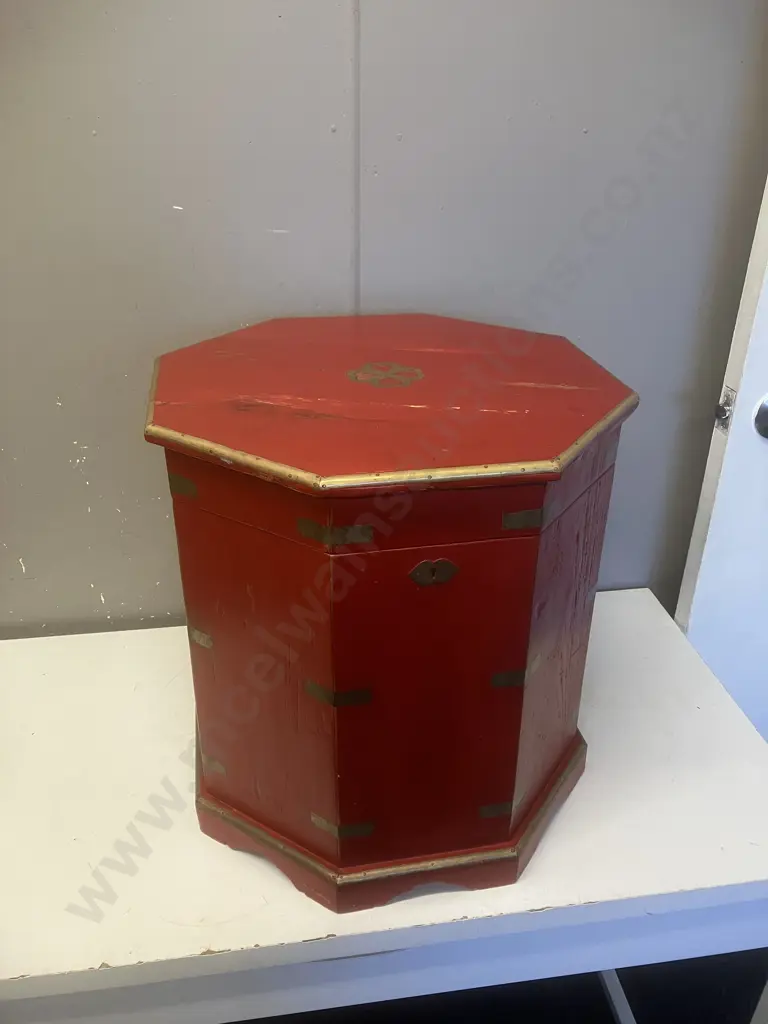 Vintage Red Painted Octagonal Brass Bound Coffee Table / Storage Box. 45 x 42.5cm Image 1++