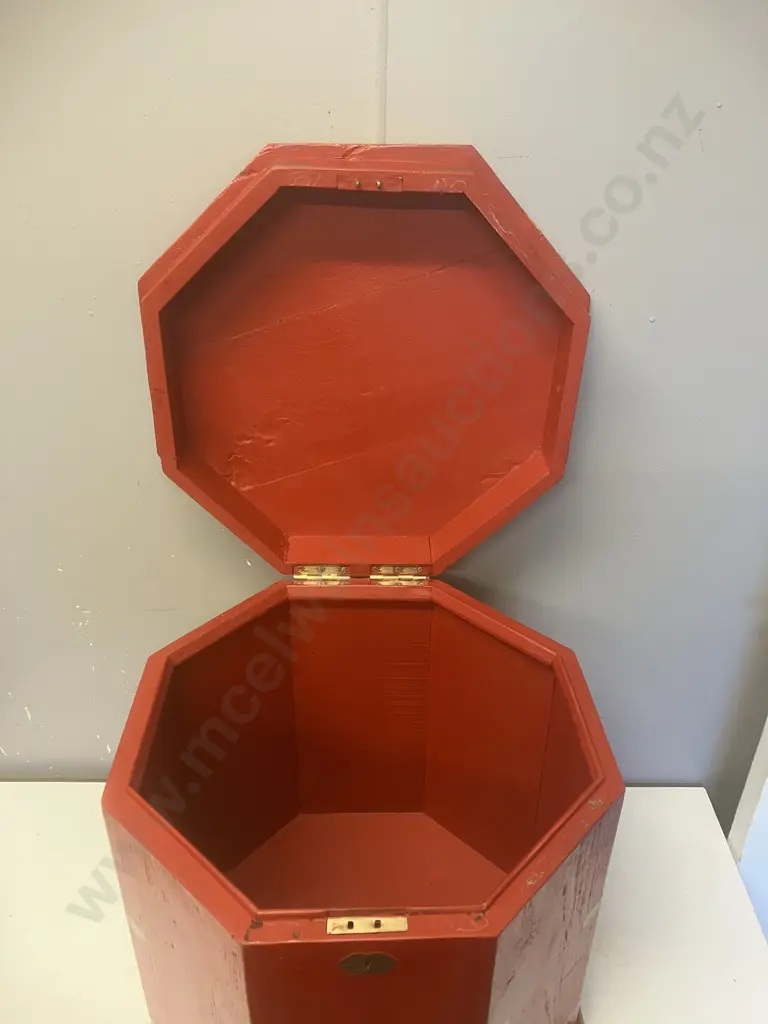 Vintage Red Painted Octagonal Brass Bound Coffee Table / Storage Box. 45 x 42.5cm Image 1++