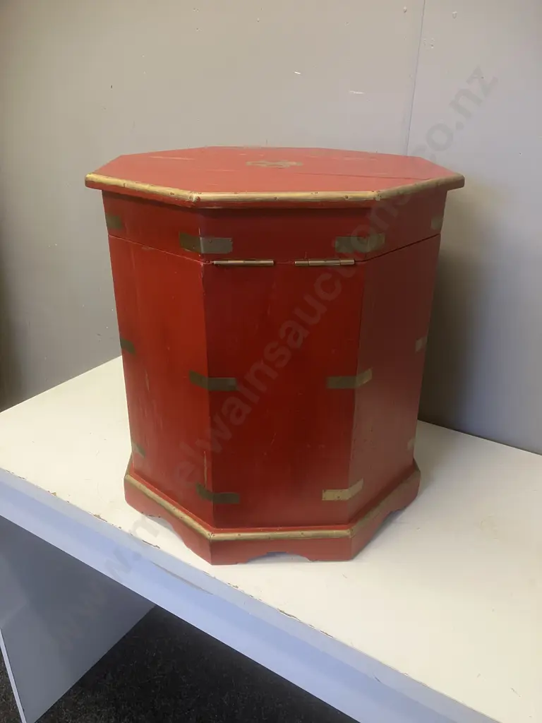 Vintage Red Painted Octagonal Brass Bound Coffee Table / Storage Box. 45 x 42.5cm Image 1++
