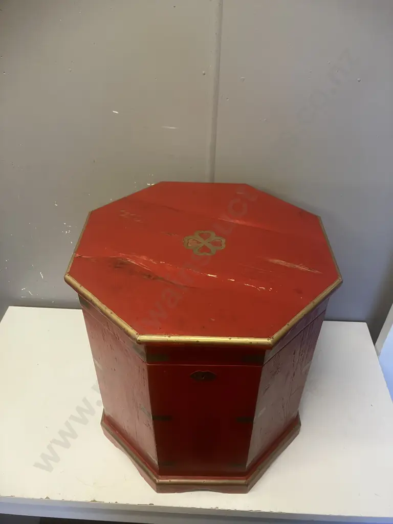 Vintage Red Painted Octagonal Brass Bound Coffee Table / Storage Box. 45 x 42.5cm Image 1++
