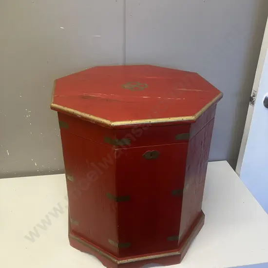 Vintage Red Painted Octagonal Brass Bound Coffee Table / Storage Box. 45 x 42.5cm