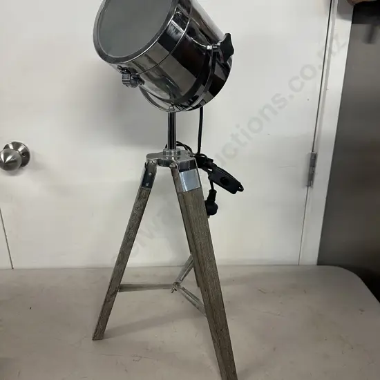 Tripod Table Lamp Wooden Legs & Silver Metal Detail