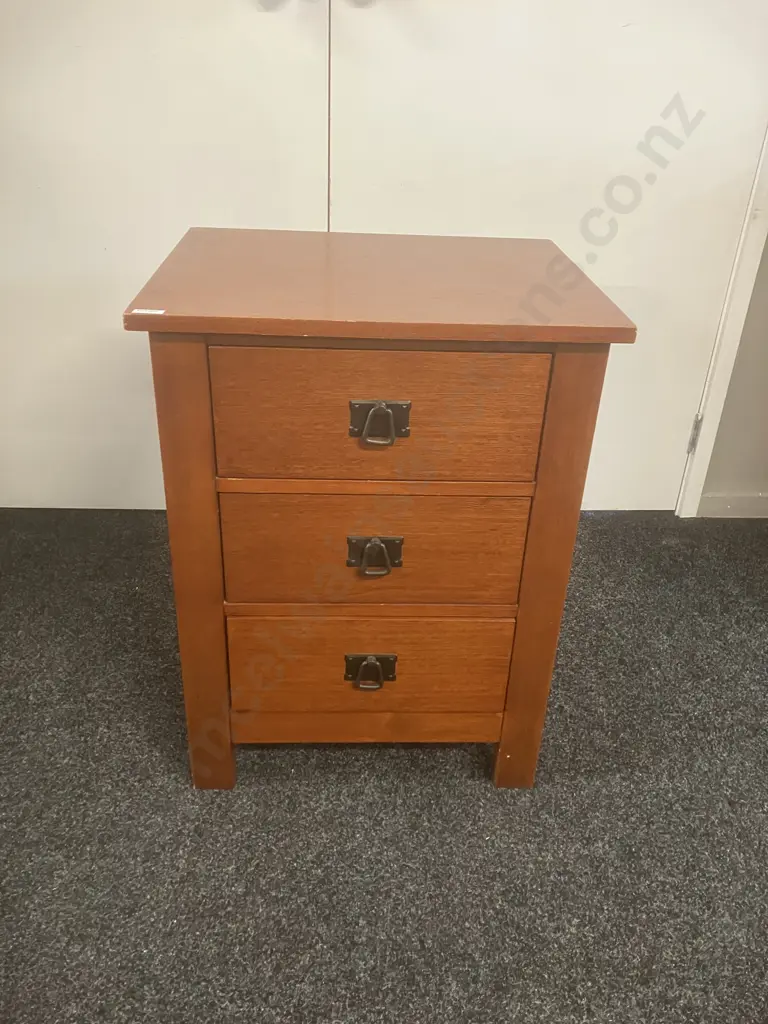 Oak 3 Drawer Bedside Cabinet With Black Metal Drop Handles. H71 W54 D44cm Image 1++