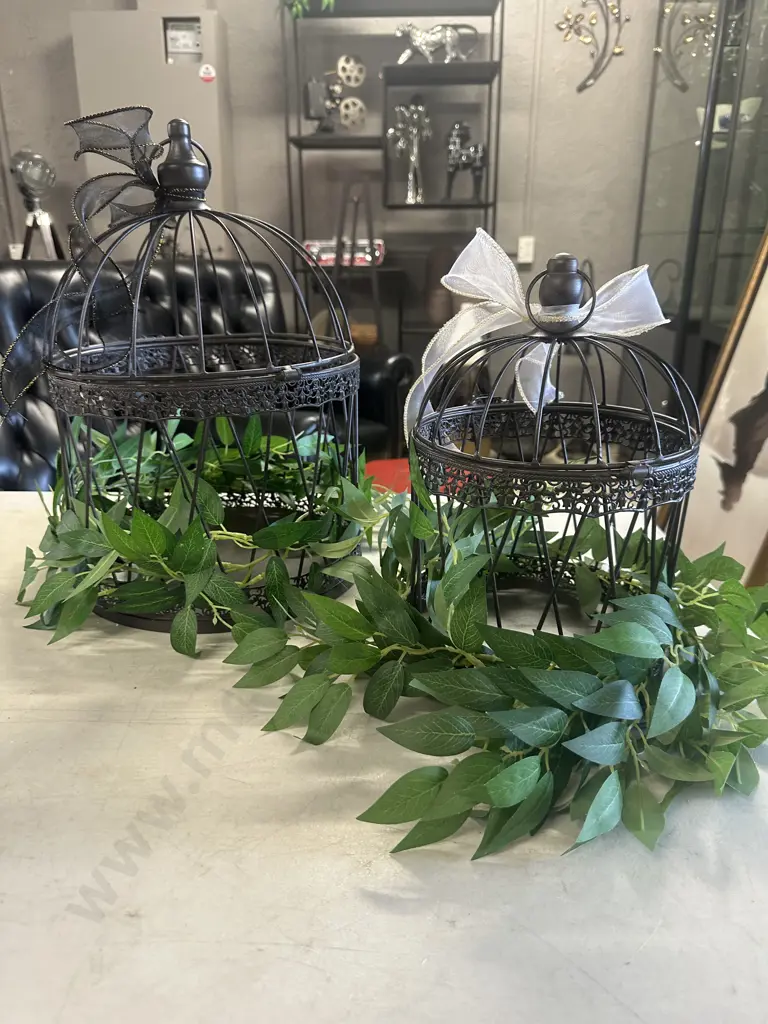 Pair Of Wrought Birdcage Decor With Greenery Image 1++