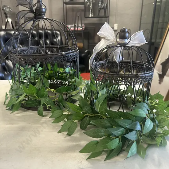 Pair Of Wrought Birdcage Decor With Greenery