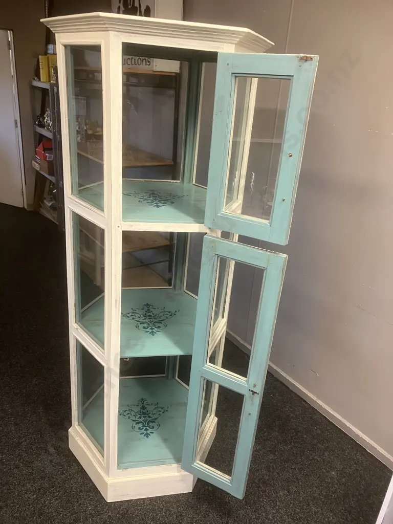 Shabby Chic Six Sided Glass Display Stand, 2 Door, Metal Cage Handles. 179.5 x 68cm Image 1++